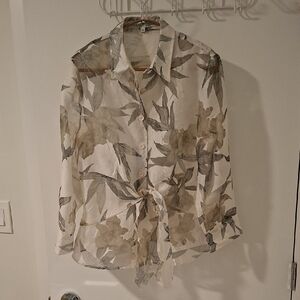 Cream & Taupe Robert Kitchen Sheer/Gauzey Floral Tie-Front Blouse (Size M)
